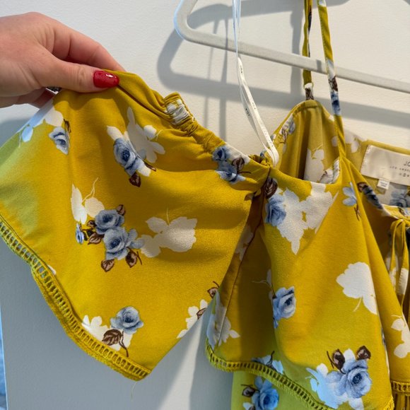 J.O.A Yellow Floral Cold Shoulder Tie Neck Top - Picture 3 of 7